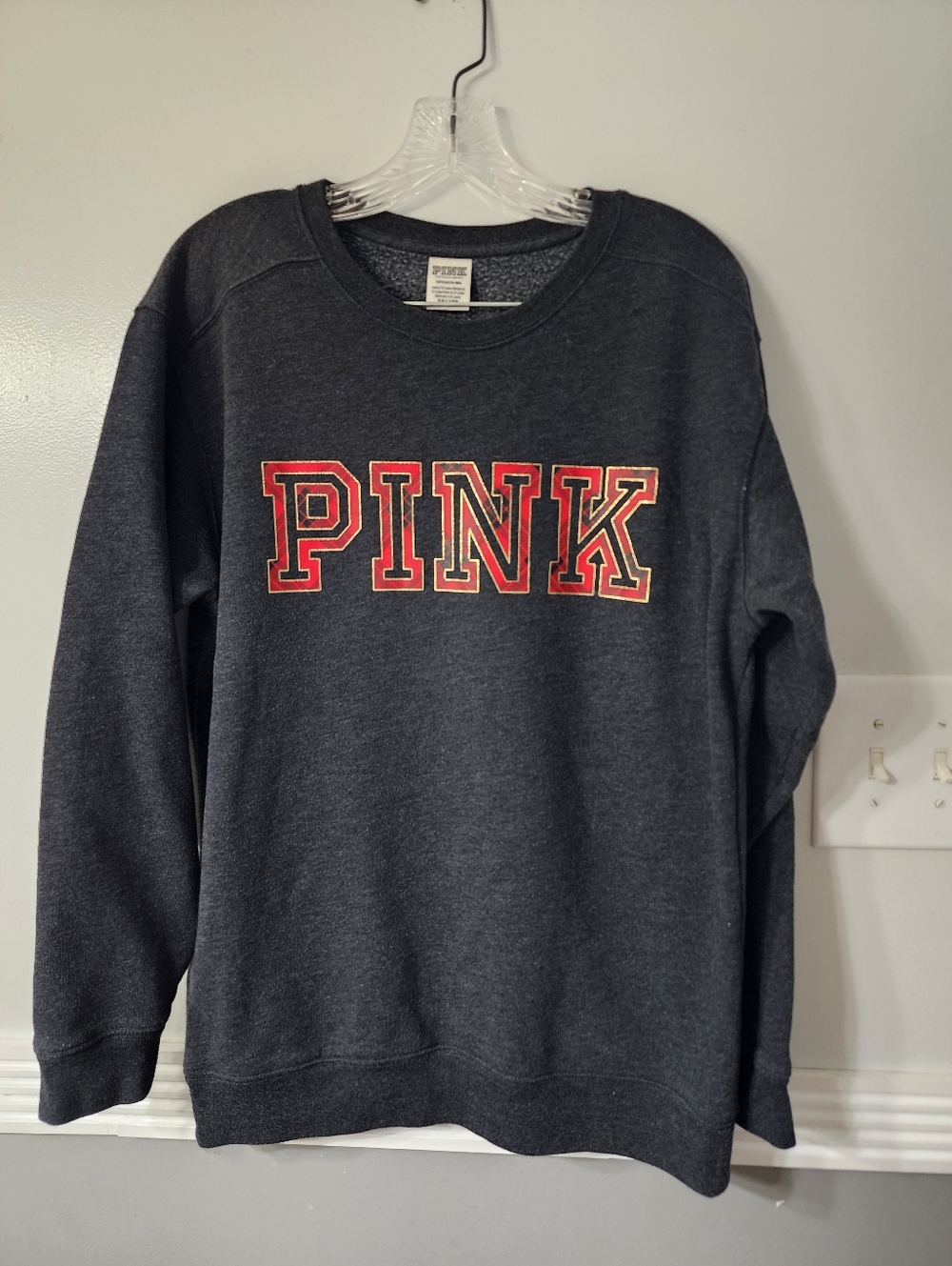 PINK Victoria's Secret Dark Charcoal Crewneck Sweatshirt with Red Logo